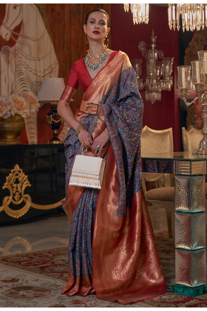 Midnight Blue Kashmiri Handloom Weaving Silk Saree