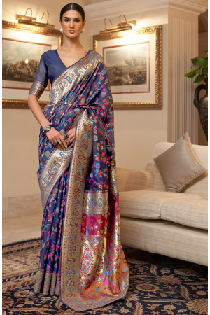 Midnight Blue Kashmiri Weaving Handloom Silk Saree
