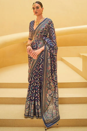 Midnight Blue Printed Organza Brasso Party Wear Saree