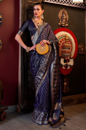 Midnight Blue Pure Satin Handloom Weaving Saree