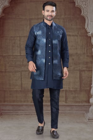 Midnight Blue Pure Silk Men Indo Western