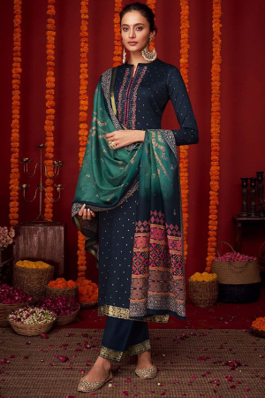 Midnight Blue Pure Viscose Satin Embroidered Suit