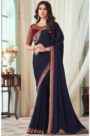 Midnight Blue Silk Saree with Embroidered Blouse
