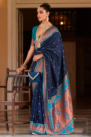 Midnight Blue Woven Peshwai Paithani Silk Saree