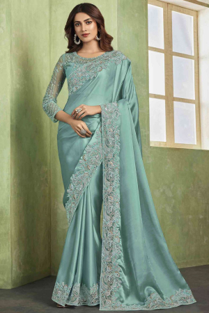 Mint Blue Chiffon Saree with Embroidered Blouse