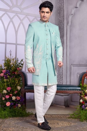 Mint Blue Embroidered Art Silk Indo Western