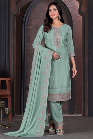 Mint Blue Embroidered Chinnon Pant Kameez