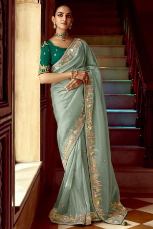 Mint Blue Embroidered Designer Saree for Wedding