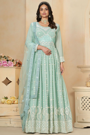 Mint Blue Embroidered Faux Georgette Anarkali Gown with Dupatta