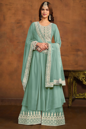 Mint Blue Embroidered Faux Georgette Palazzo Kameez