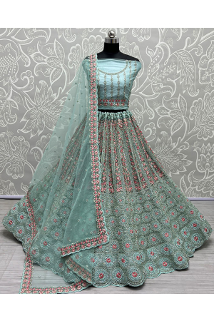 Mint Blue Embroidered Net Bridal Lehenga Choli