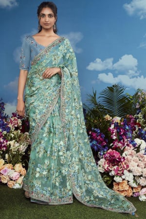 Mint Blue Embroidered Pure Brasso Designer Saree