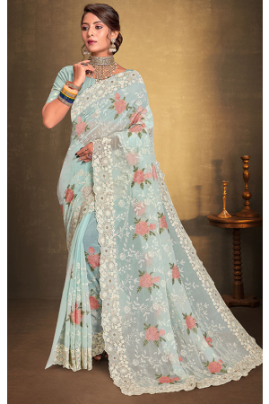 Mint Blue Georgette Embroidered Saree