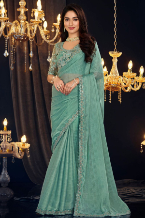 Mint Blue Georgette Zari Shimmer Saree with Embroidered Blouse