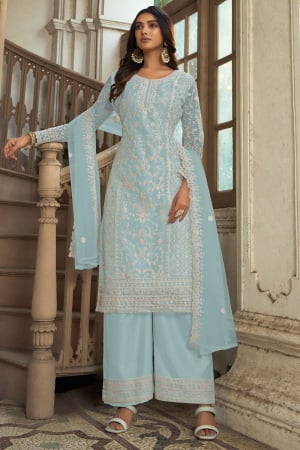 Mint Blue Heavy Butterfly Net Palazzo Suit