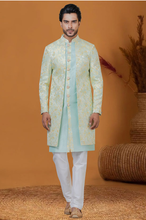 Mint Blue Jacquard Silk Indo Western Outfit