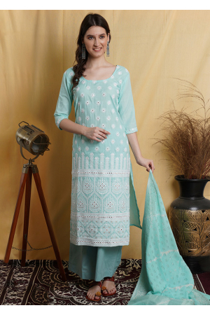 Mint Blue Lakhnavi Work Cotton Plus Size Suit
