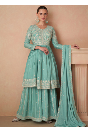 Mint Blue Premium Chinon Silk Designer Sarara Kameez Suit