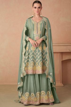 Mint Embroidered Chinnon Designer Palazzo Kameez