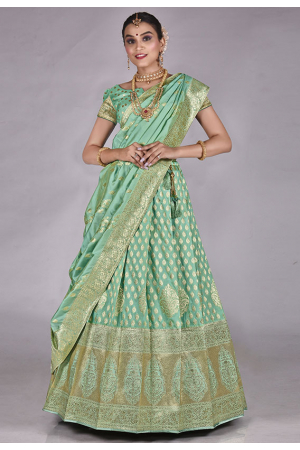 Mint Green Banarasi Silk Zari Work Lehenga Choli Set