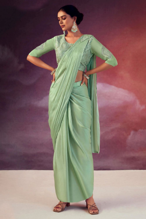 Mint Green Crepe Designer Ready to Wear Saree