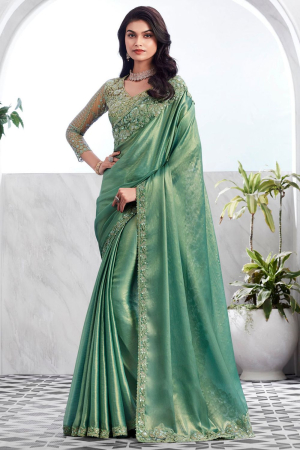 Mint Green Designer Saree with Embroidered Blouse