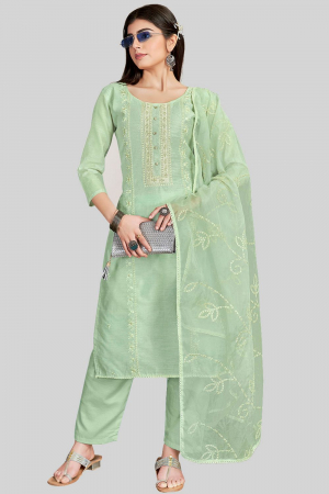 Mint Green Embroidered Chanderi Silk Pant Kameez