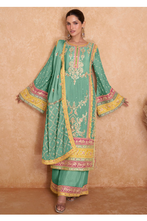 Mint Green Embroidered Chinnon Designer Palazzo Kameez