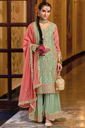 Mint Green Embroidered Chinnon Designer Palazzo Kameez