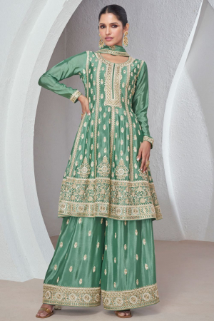 Mint Green Embroidered Chinnon Silk Palazzo Kameez