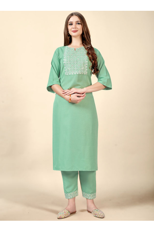 Mint Green Embroidered Cotton Rayon Kurti with Pant