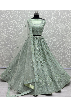Mint Green Embroidered Net Bridal Lehenga Choli
