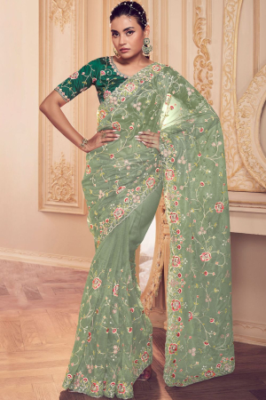 Mint Green Embroidered Net Designer Saree