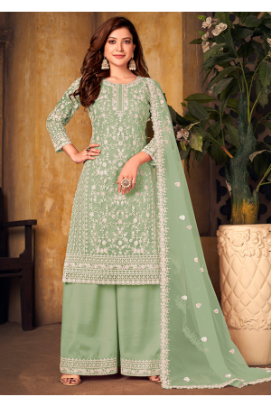 Mint Green Embroidered Net Palazzo Kameez
