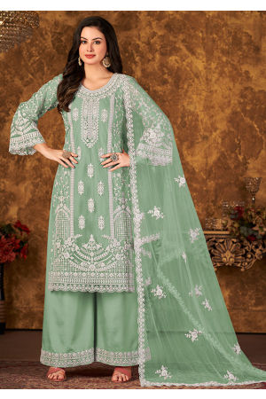 Mint Green Embroidered Net Palazzo Kameez