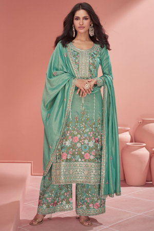 Mint Green Embroidered Organza Shimmer Silk Palazzo Kameez