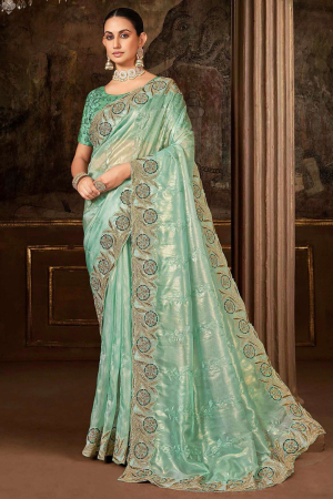 Mint Green Embroidered Satin Silk Designer Saree