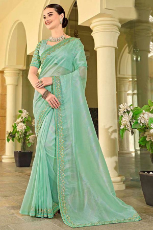 Mint Green Embroidered Silk Designer Saree