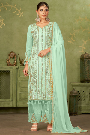 Mint Green Georgette Embroidered Palazzo Suit