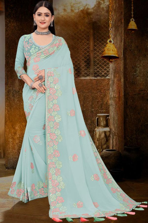 Mint Green Georgette Embroidered Sequins Embroidered Saree