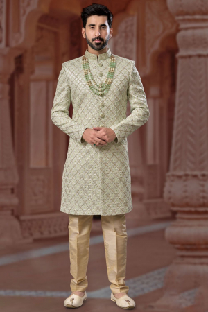 Mint Green Heavy Wedding Wear Indo Sherwani