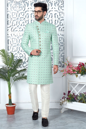 Mint Green Jacquard Silk Indo Western Outfit