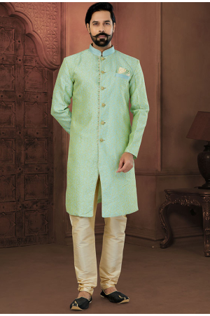 Mint Green Mens Designer Indo Sherwani