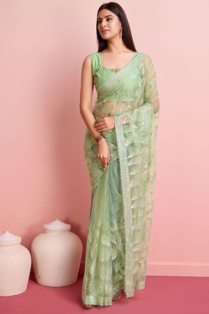 Mint Green Sequins Embroidered Net Saree