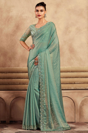 Mint Green Silk Saree with Embroidered Blouse