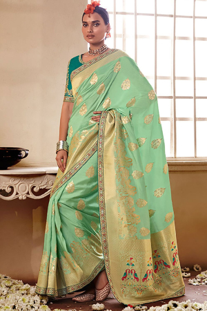 Mint Green Woven Pure Dola Silk Designer Saree