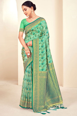 Mint Green Zari Woven Paithani Silk Saree
