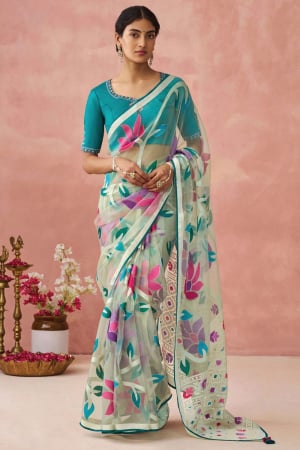Mint Grey Brasso Saree with Embroidered Blouse