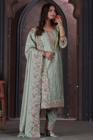 Mint Grey Embroidered Chinnon Pant Kameez