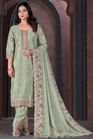 Mint Grey Embroidered Chinnon Pant Kameez